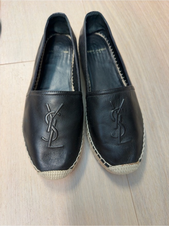 Saint Laurent Shoes - Saint Laurent Black Leather Espadrille Flats with Embossed YSL